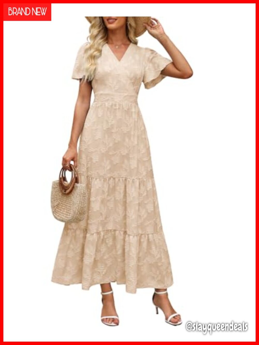 Womens Boho Floral Maxi Dress V Neck Flutter Sleeve Tiered A Line Summer